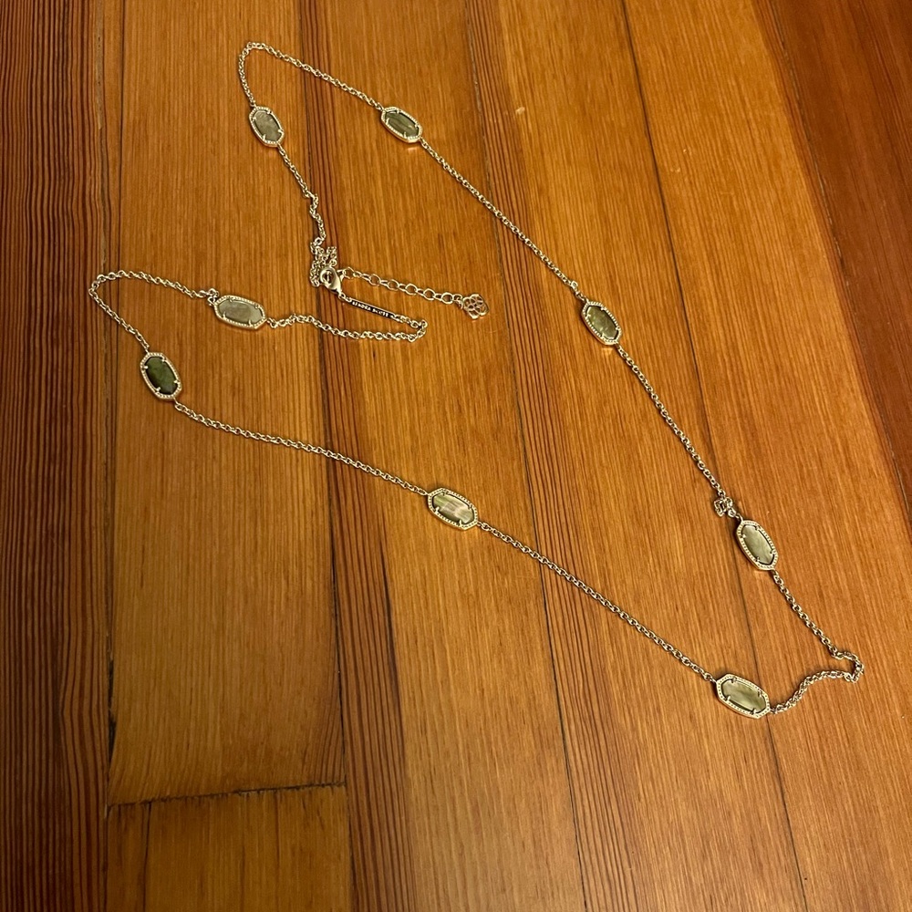Kendra Scott Long Station Necklace in Silver & Green